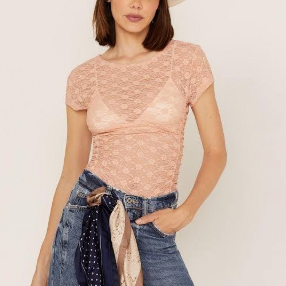 NWT Free People Keep It Simple Sheer Lace Ruched Top in Coral Sands